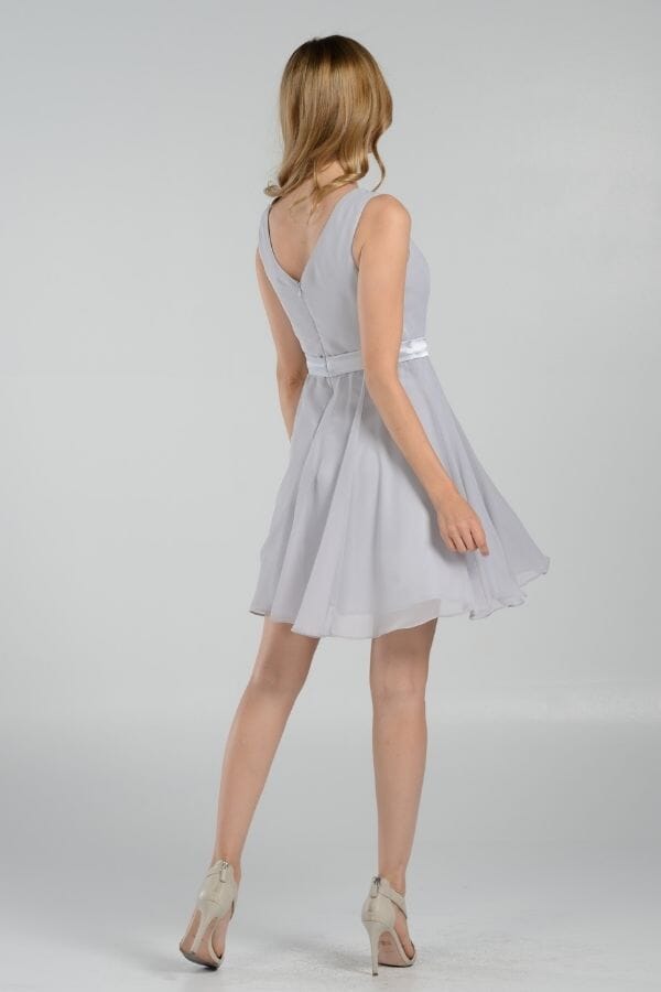 Silver Bateau Neck Knee-Length Chiffon Cocktail Dress Ribbon Waist Poly USA 7290