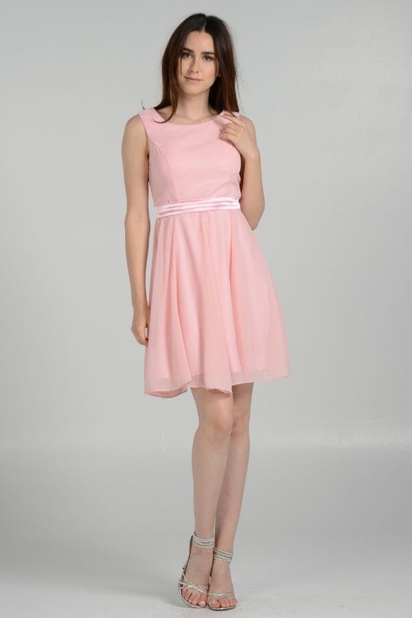 Blush Bateau Neck Knee-Length Chiffon Cocktail Dress Ribbon Waist Poly USA 7290
