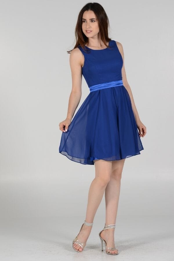 Royal Bateau Neck Knee-Length Chiffon Cocktail Dress Ribbon Waist Poly USA 7290