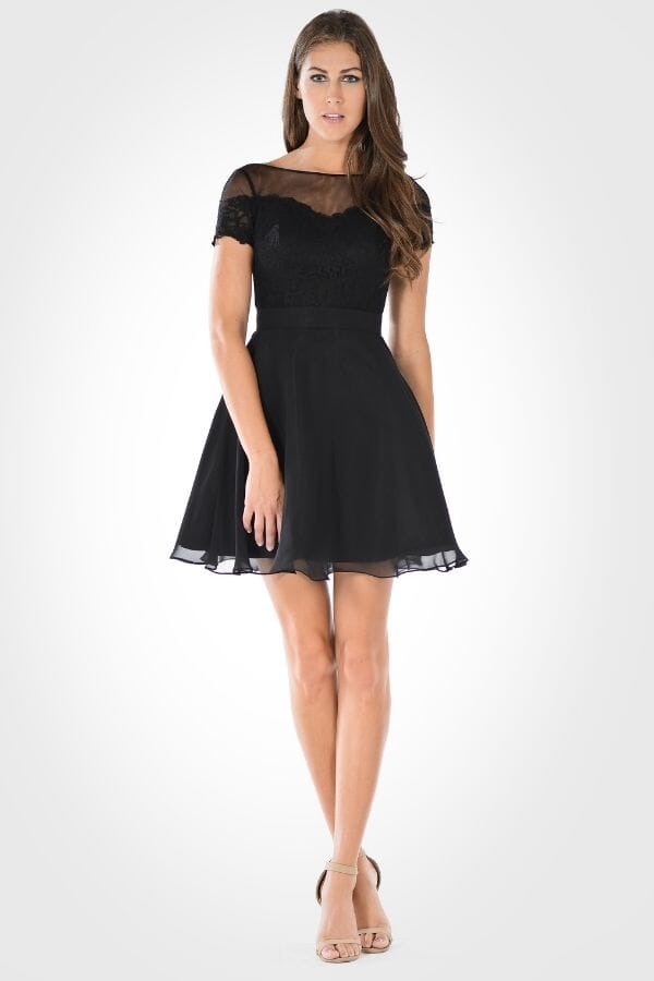 Black Illusion Neckline Mini Lace and Chiffon Homecoming Dress Short Sleeves Poly USA PL7518