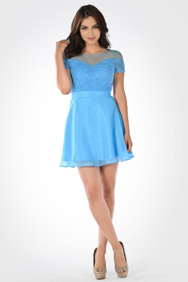 Blue Illusion Neckline Mini Lace and Chiffon Homecoming Dress Short Sleeves Poly USA PL7518