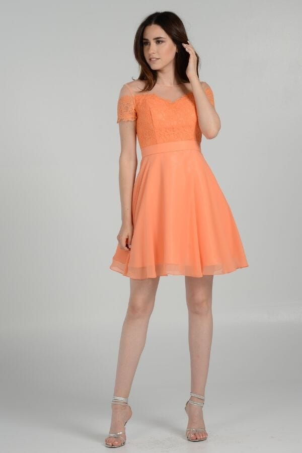Salmon Illusion Neckline Mini Lace and Chiffon Homecoming Dress Short Sleeves Poly USA PL7518