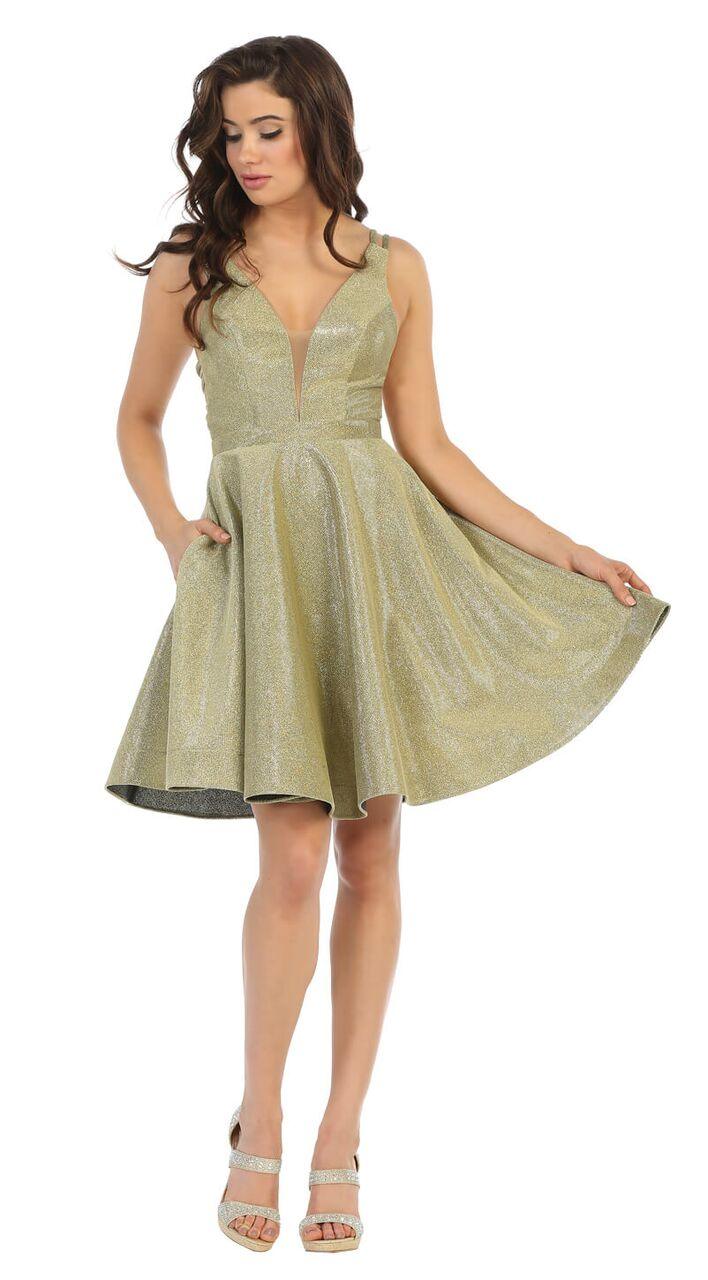 Short Metallic Homecoming Prom Dress - The Dress Outlet May Queen
