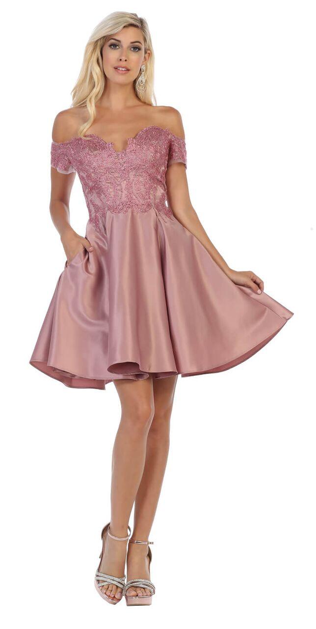 Short Off The Shoulder Satin Prom Dress - The Dress Outlet May Queen