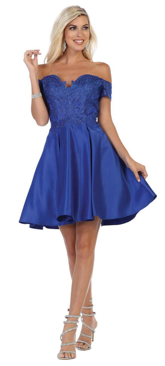 Short Off The Shoulder Satin Prom Dress - The Dress Outlet May Queen
