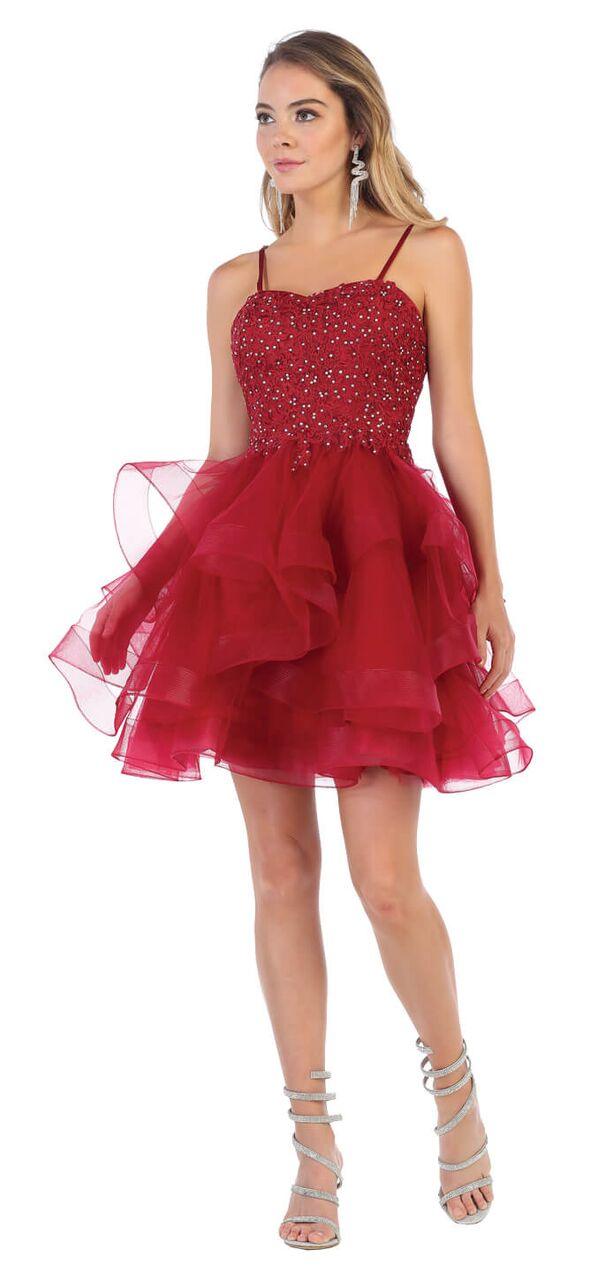 Short Prom Graduation Strap Dress with Ruffled Skirt - The Dress Outlet May Queen