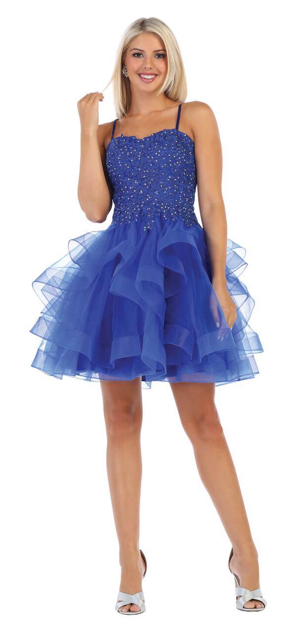 Short Prom Graduation Strap Dress with Ruffled Skirt - The Dress Outlet May Queen