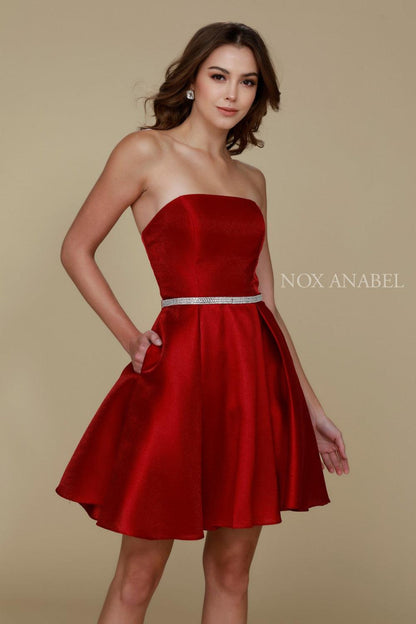 Short Satin Formal Prom Homecoming Dress with Pockets - The Dress Outlet Nox Anabel