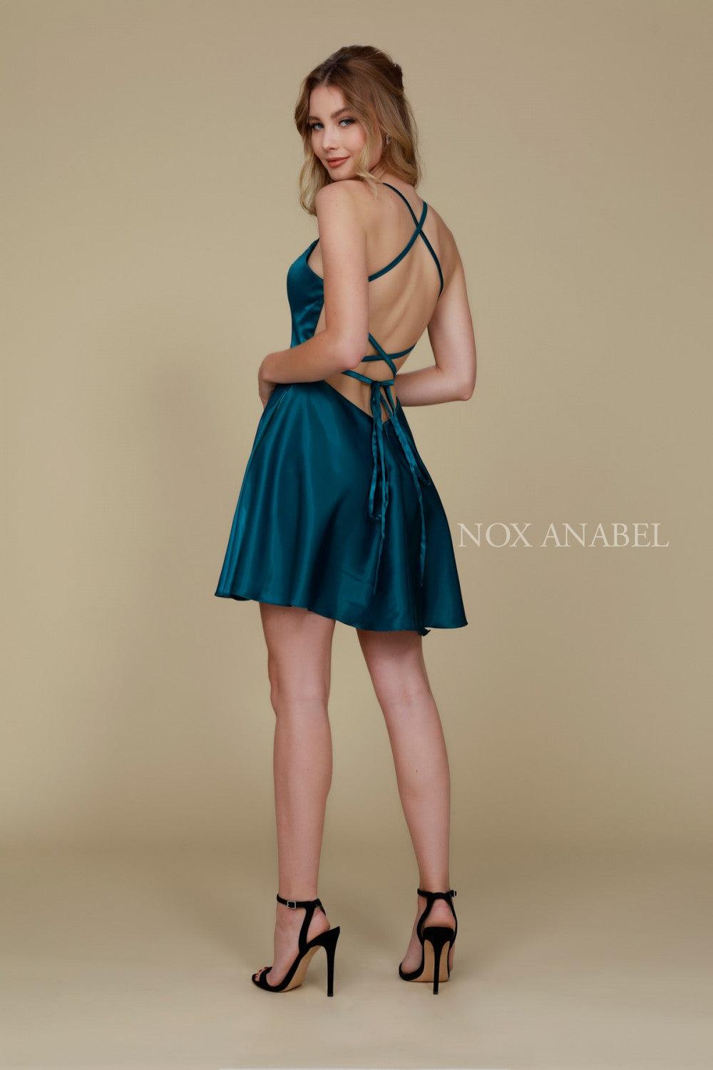 Short Satin Homecoming Prom Dress with Pockets - The Dress Outlet Nox Anabel