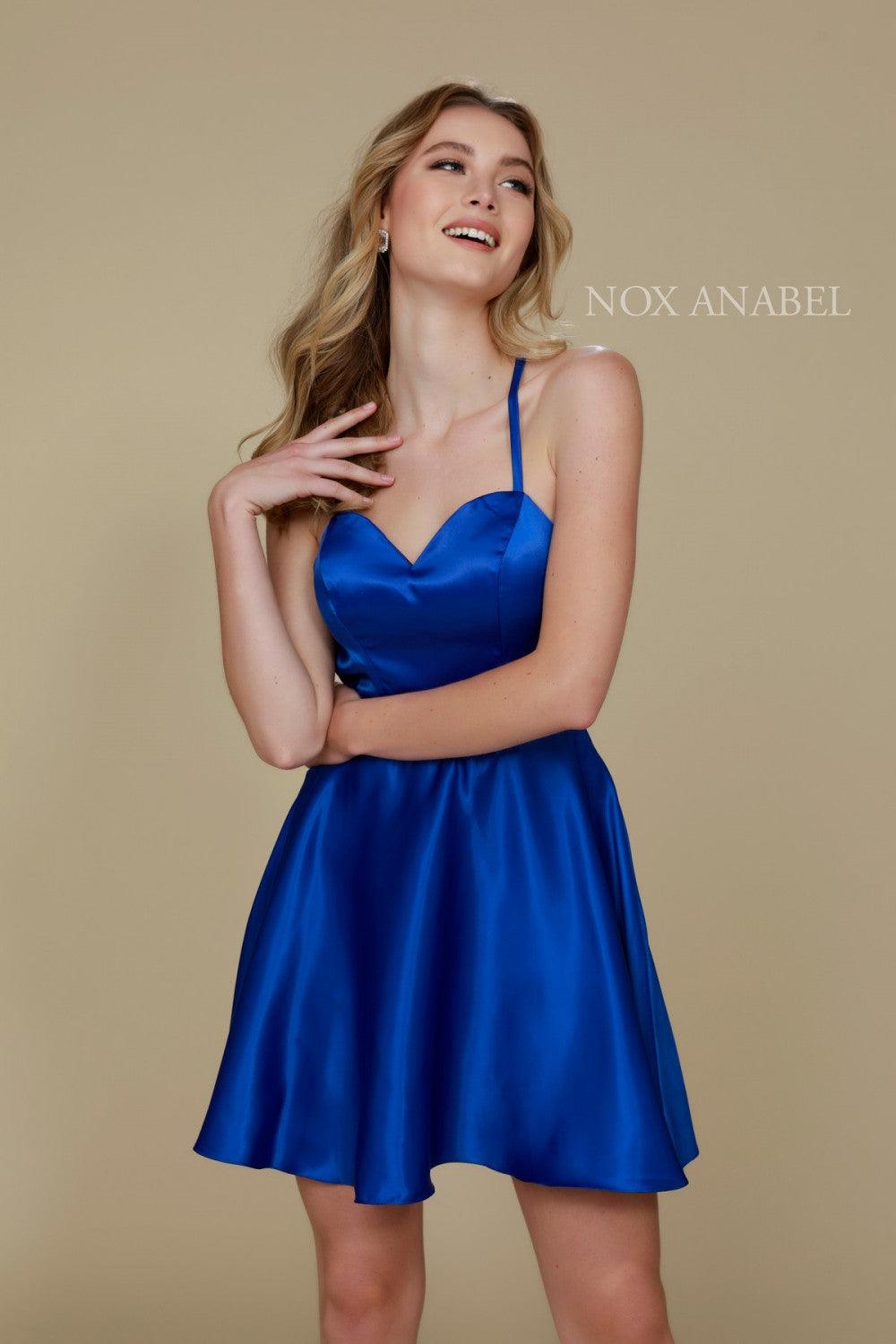 Short Satin Homecoming Prom Dress with Pockets - The Dress Outlet Nox Anabel