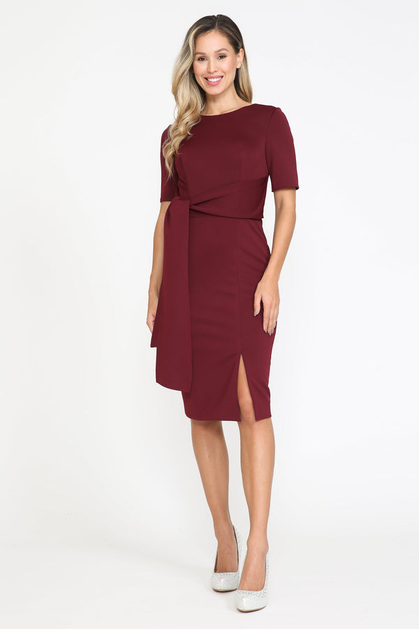 Bateau Knee-Length Scuba Cocktail Sheath Dress with Tie-Waist and Short Sleeves Poly USA 8524