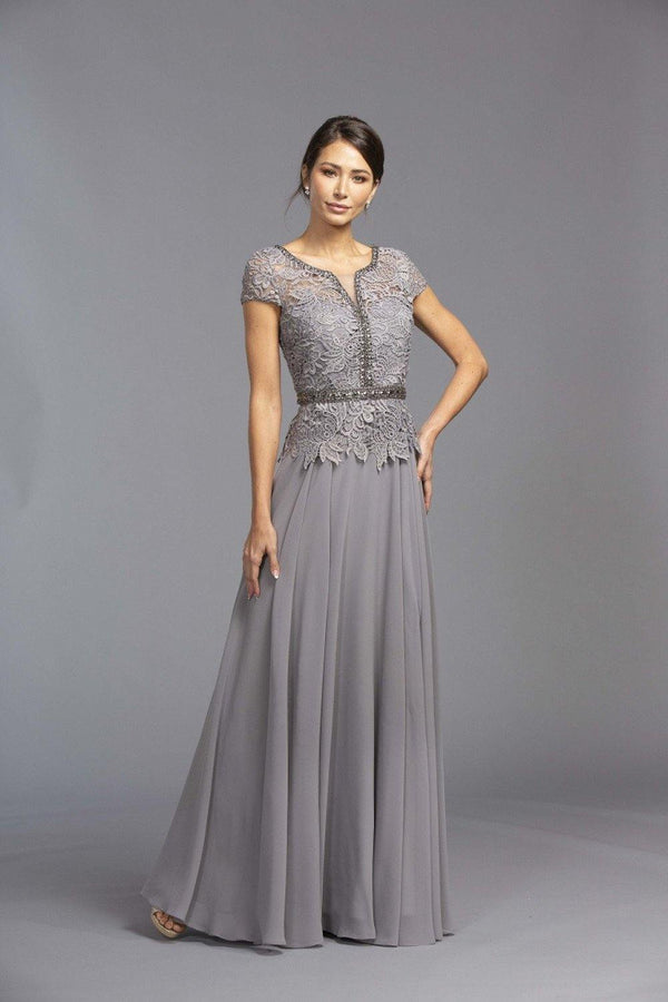Short Sleeved Beaded A-Line Long Formal Dress Gray