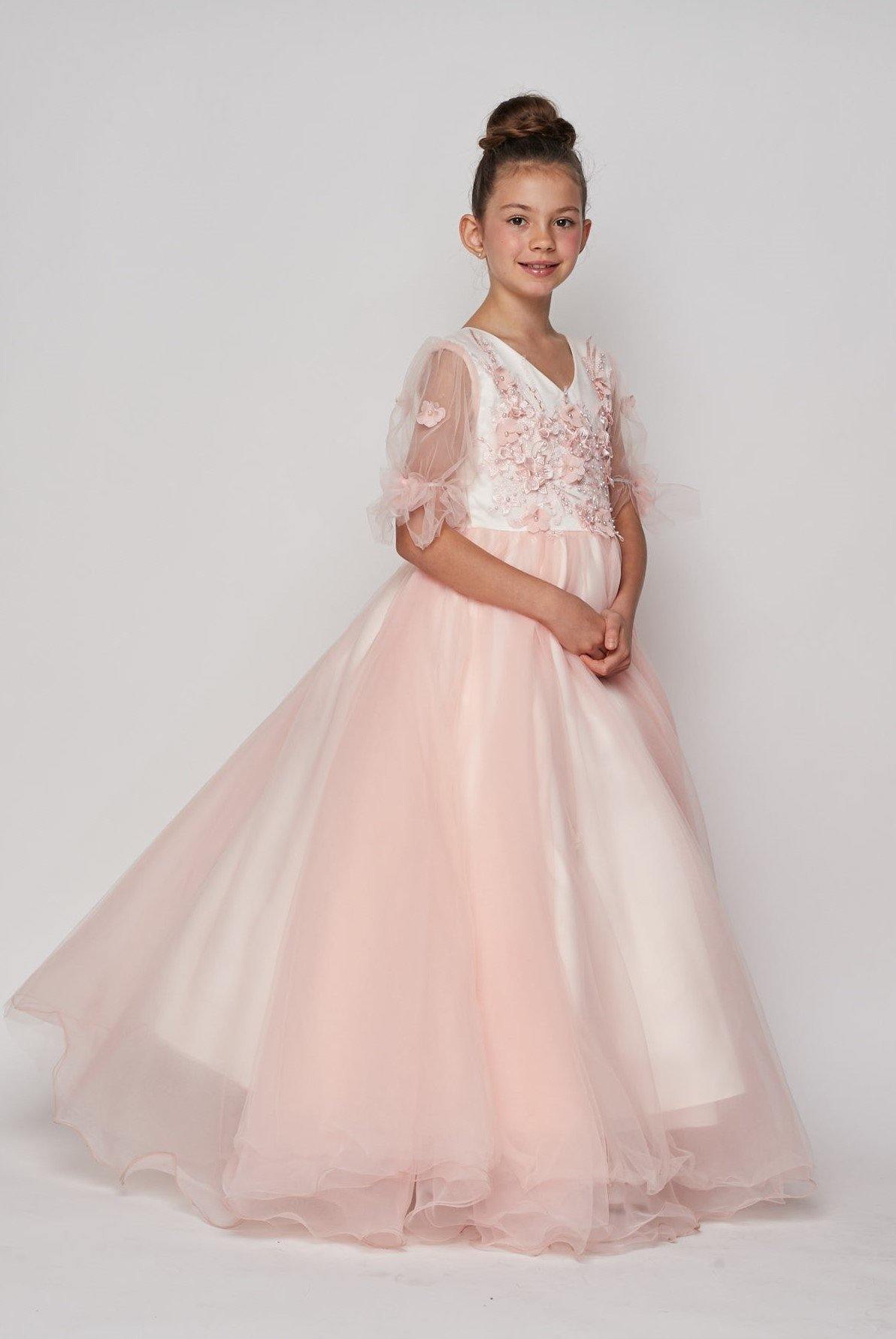Short Sleeved Beaded Organza Gown Flower Girl - The Dress Outlet Cinderella Couture