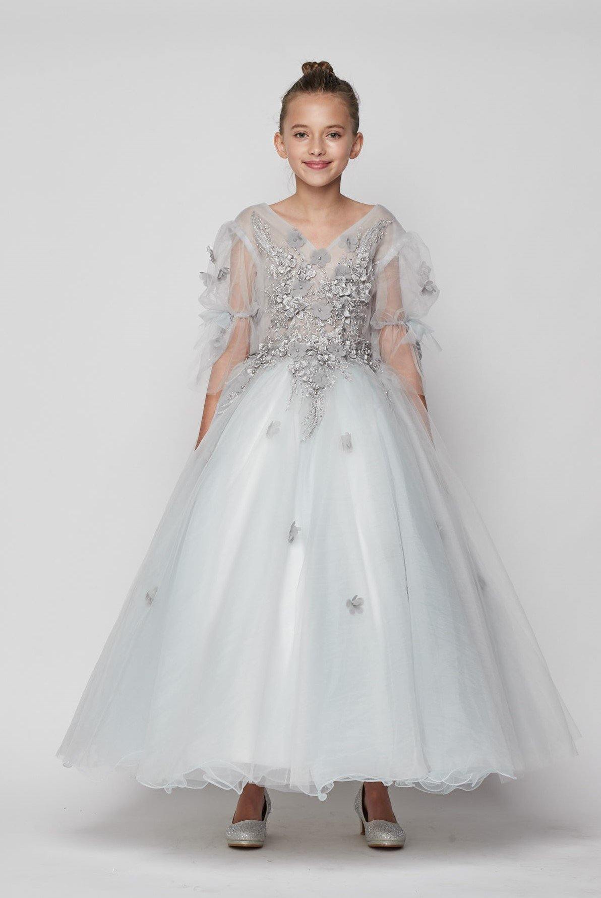 Short Sleeved Beaded Organza Gown Flower Girl - The Dress Outlet Cinderella Couture