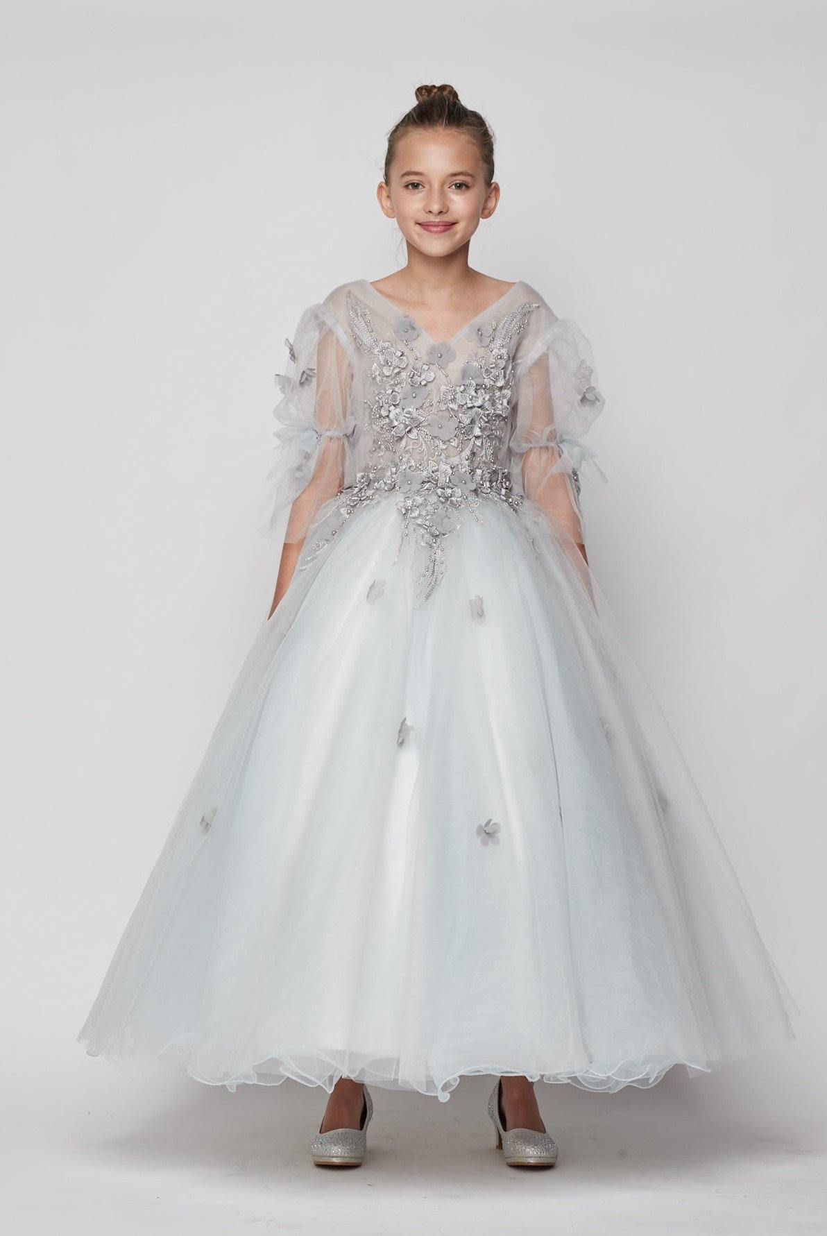 Short Sleeved Beaded Organza Gown Flower Girl