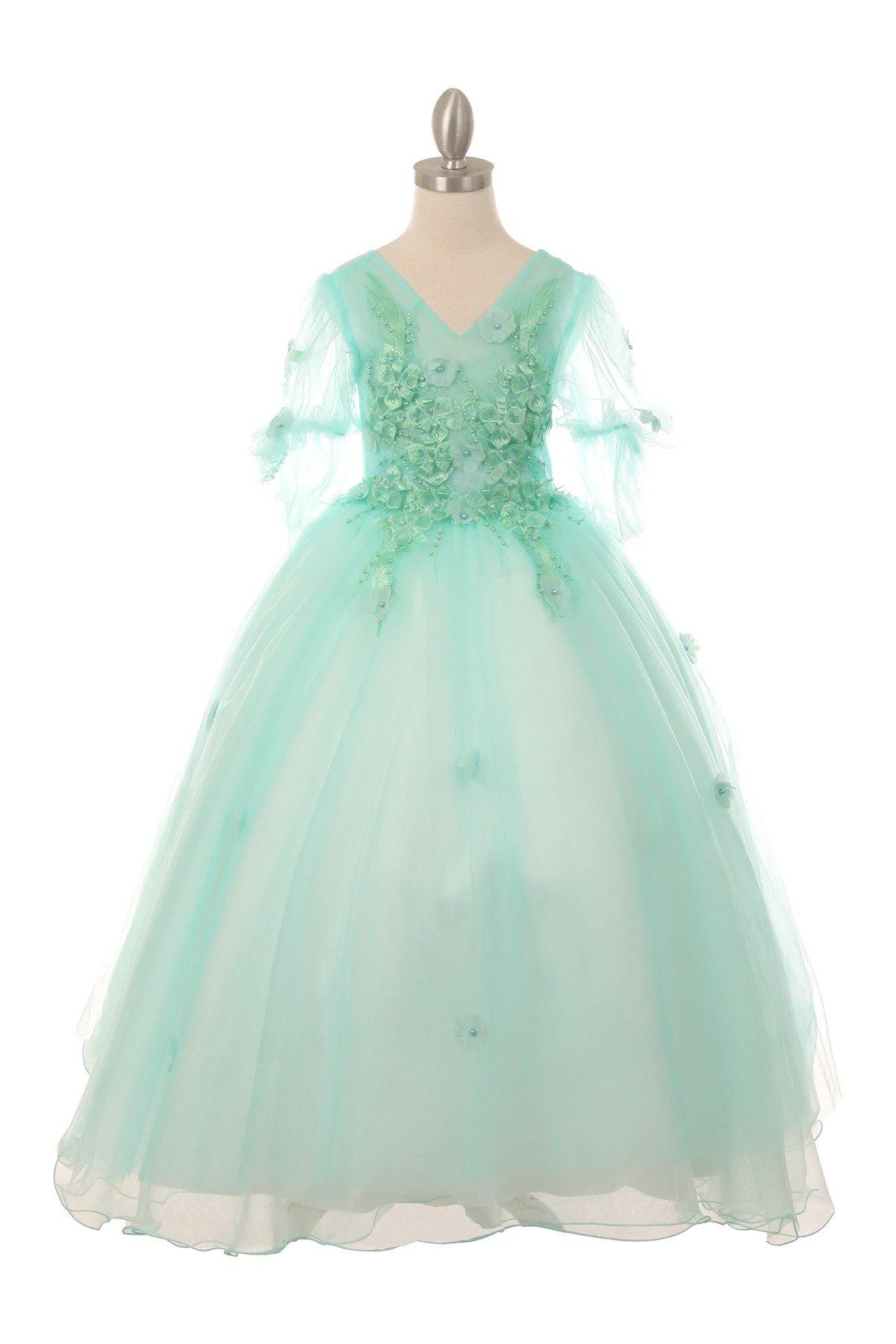 Short Sleeved Beaded Organza Gown Flower Girl