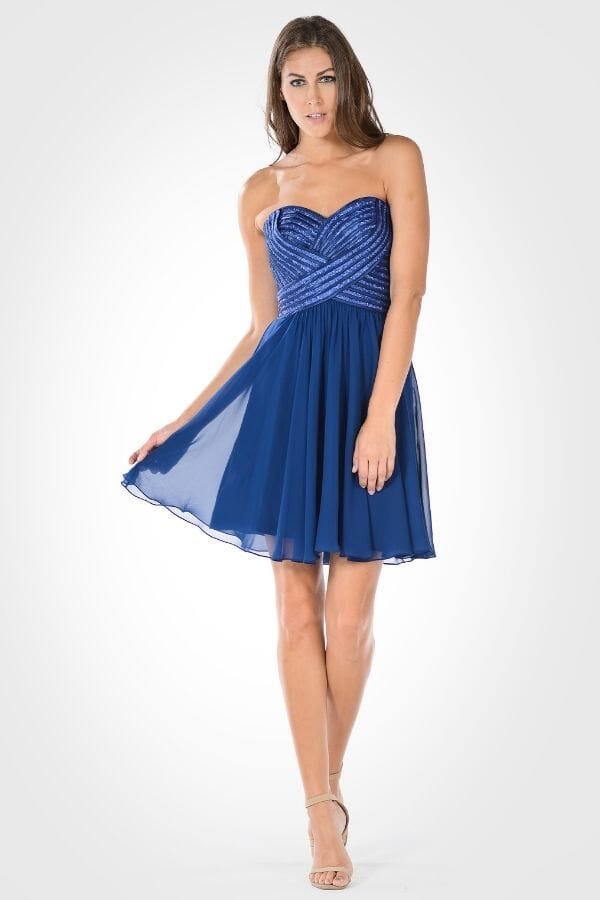 Navy Sweetheart Short Chiffon Cocktail Dress Sequined Poly USA 7716