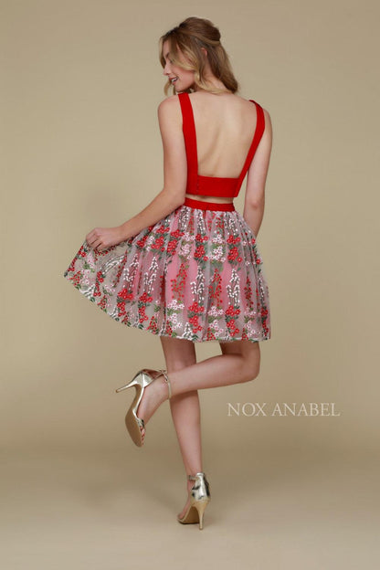 Short Two Piece Homecoming Beautiful Floral Dress Red - The Dress Outlet Nox Anabel