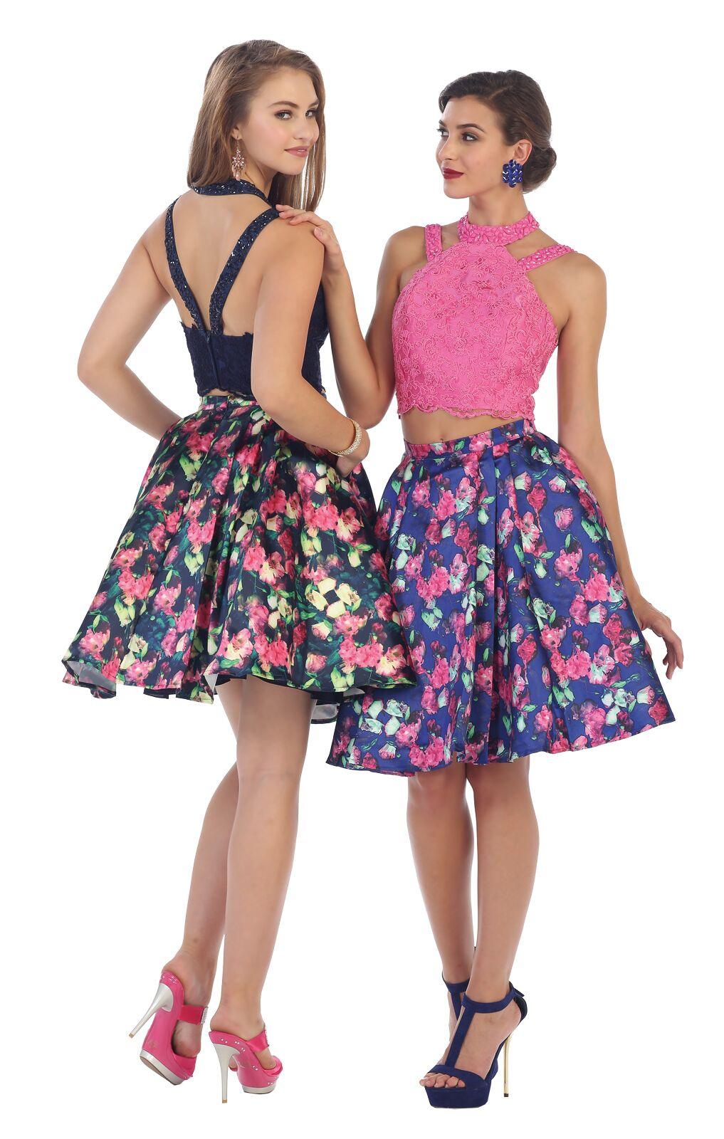 Short Two Piece Set Floral Print Prom Dress - The Dress Outlet May Queen