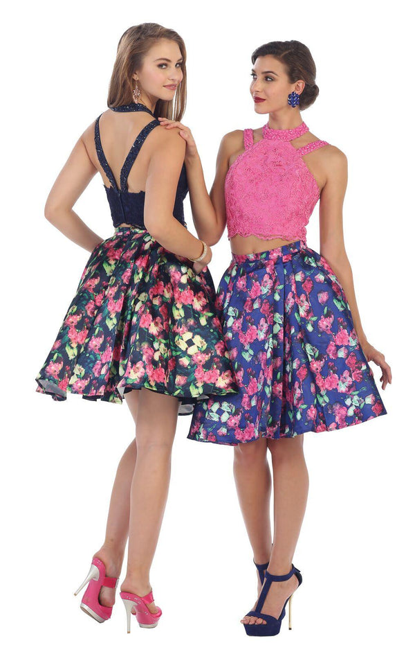 Short Two Piece Set Floral Print Prom Dress