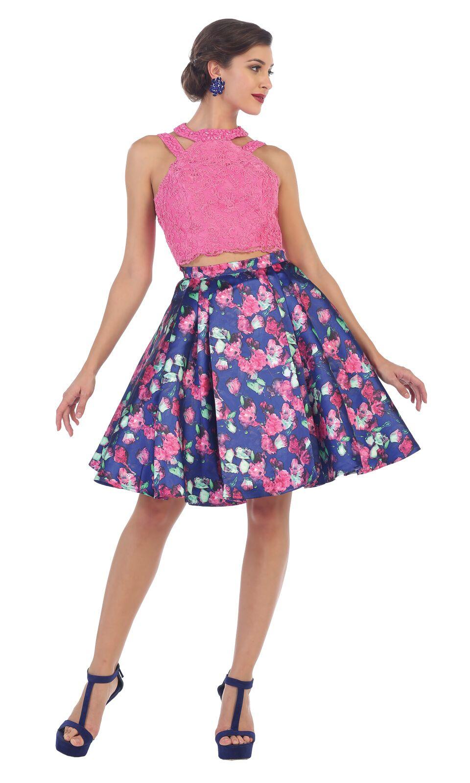 Short Two Piece Set Floral Print Prom Dress - The Dress Outlet May Queen