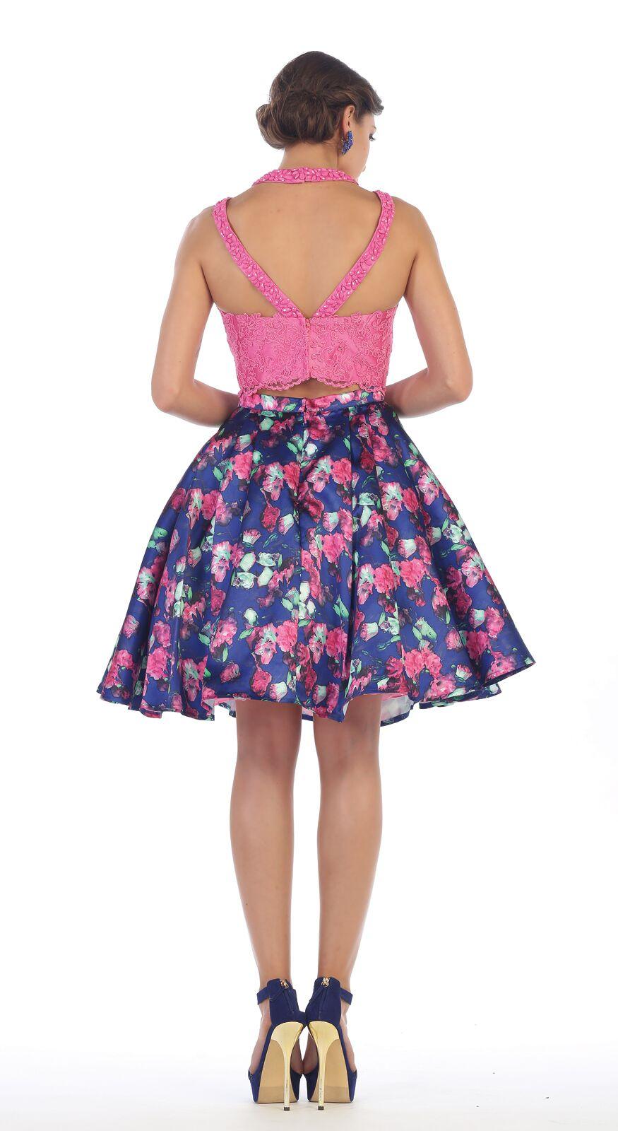 Short Two Piece Set Floral Print Prom Dress - The Dress Outlet May Queen