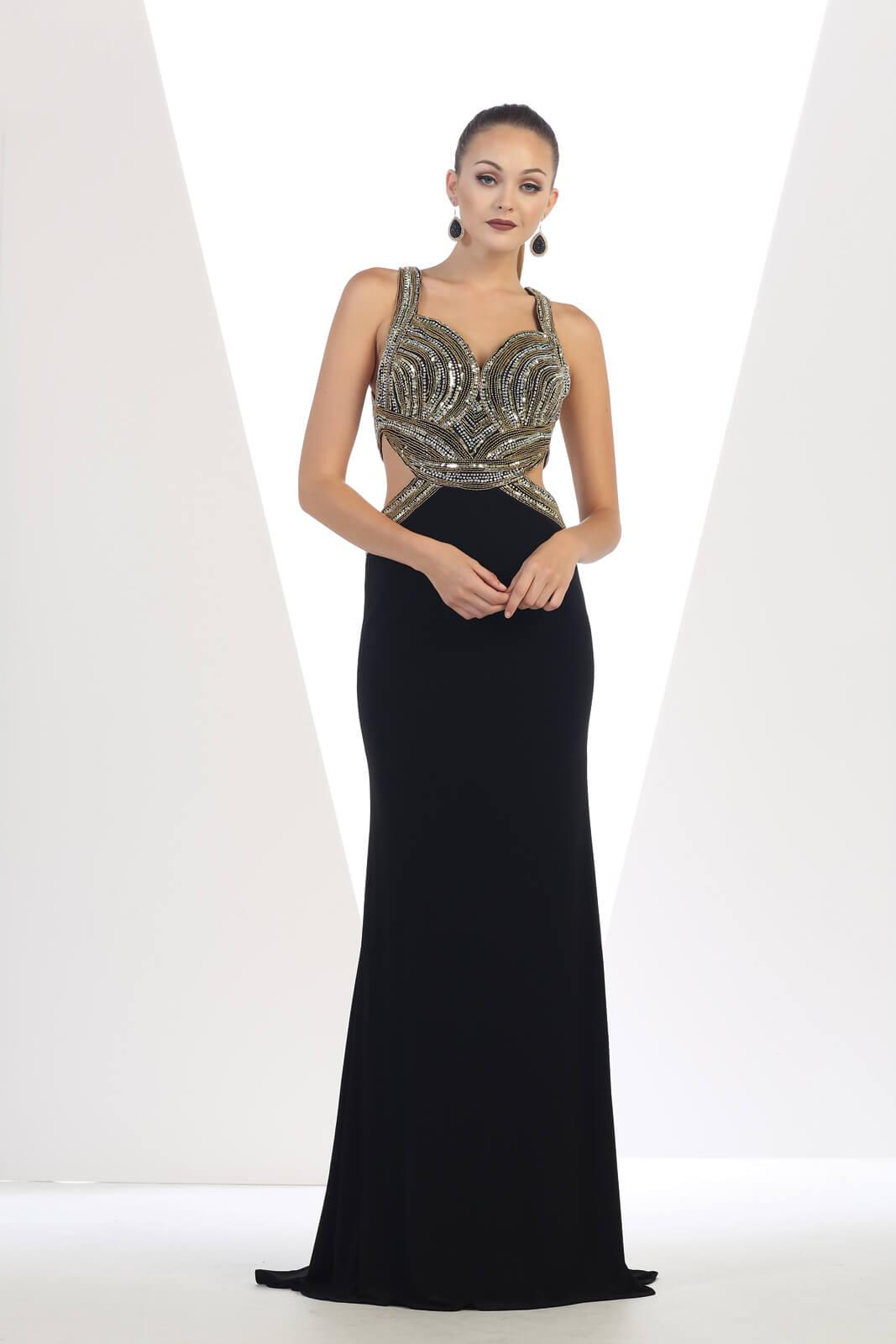 Shoulder Strap Rhinestone Sequin Prom Dress - The Dress Outlet May Queen
