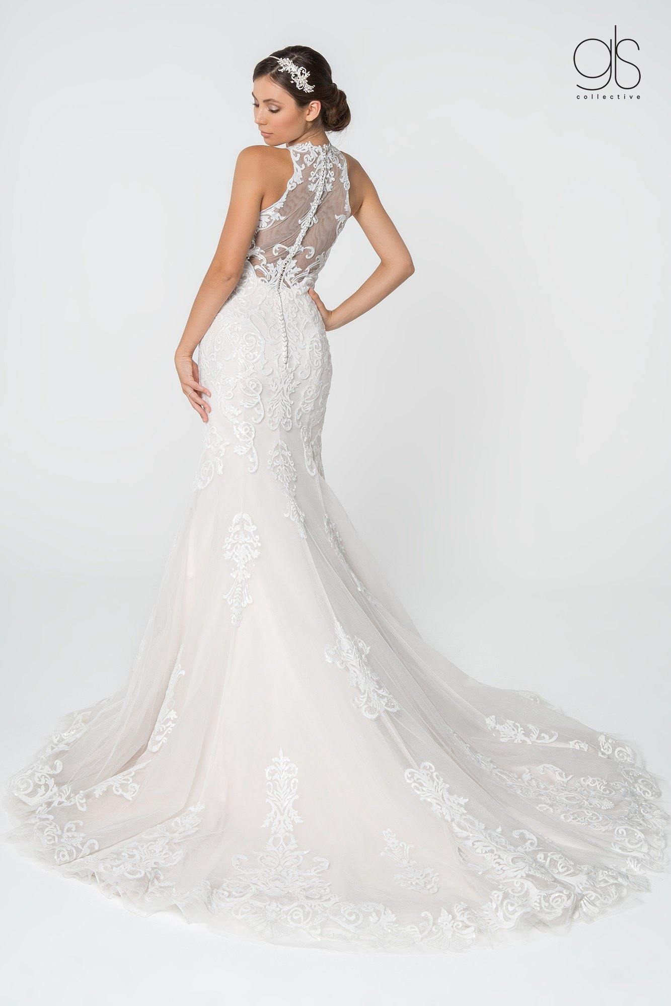 Simple Lace Embellished Mesh Wedding Long Gown - The Dress Outlet Elizabeth K