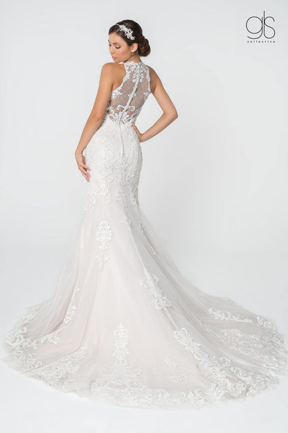Simple Lace Embellished Mesh Wedding Long Gown - The Dress Outlet Elizabeth K