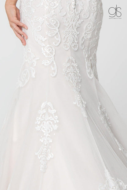 Simple Lace Embellished Mesh Wedding Long Gown - The Dress Outlet Elizabeth K