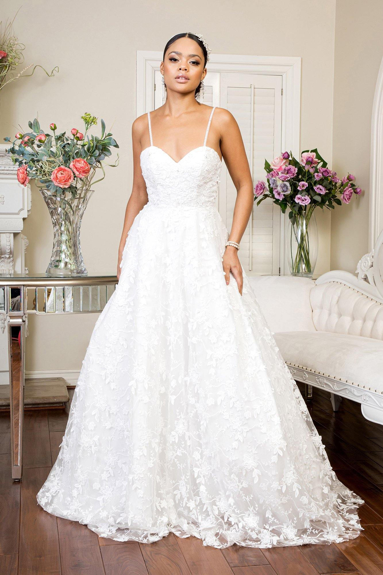 Simple Long Spaghetti Strap Floral Mesh Wedding Gown - The Dress Outlet