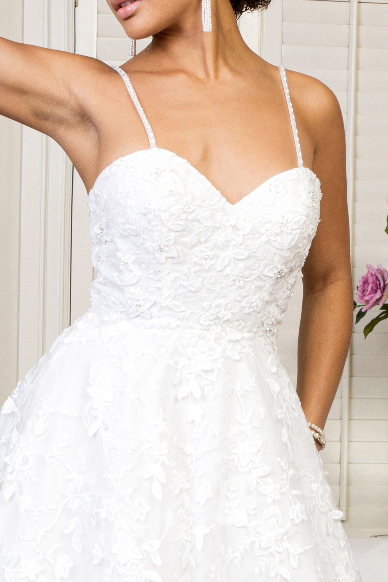 Simple Long Spaghetti Strap Floral Mesh Wedding Gown - The Dress Outlet