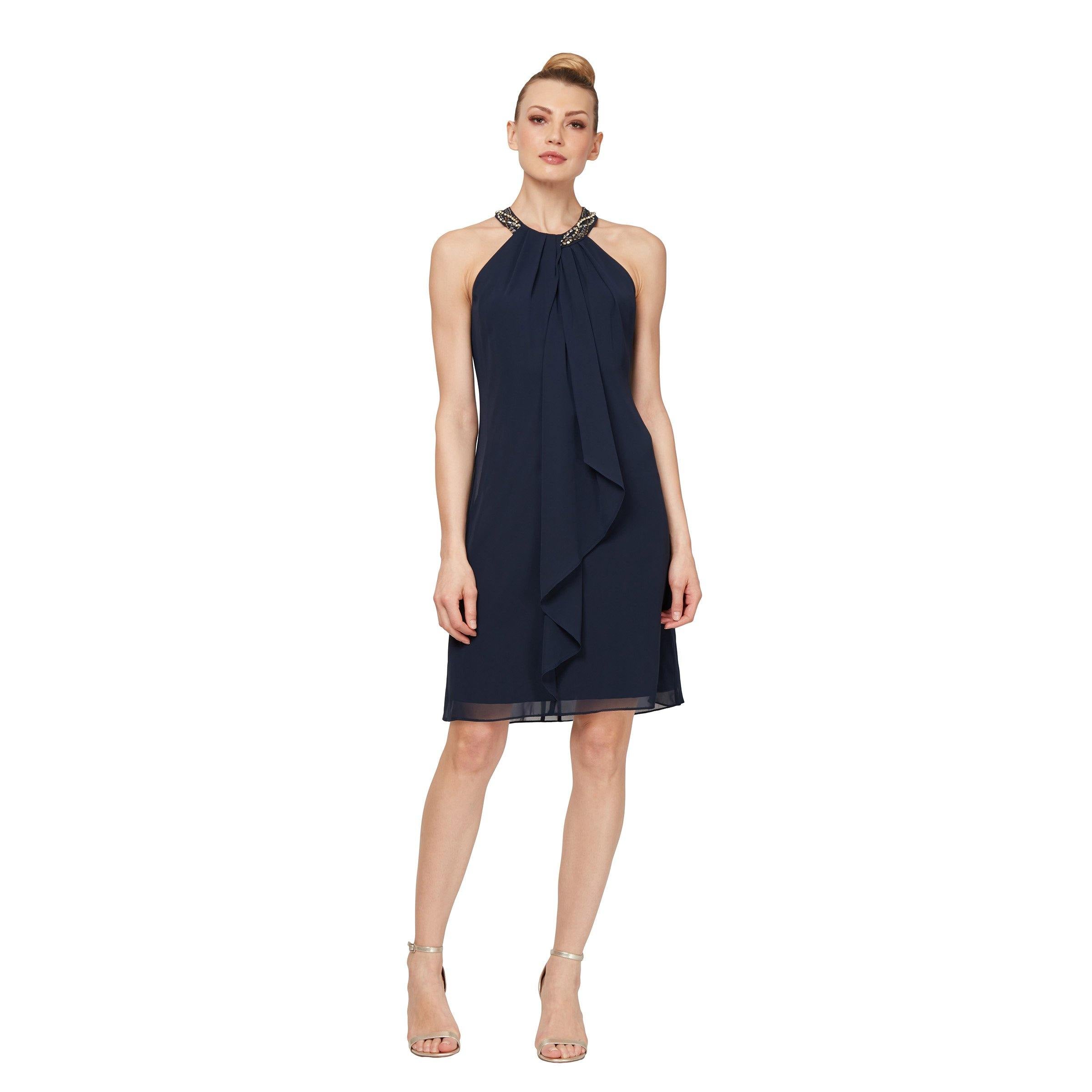 Cocktail Dresses Short Beaded Ruffle Cocktail Dress Navy