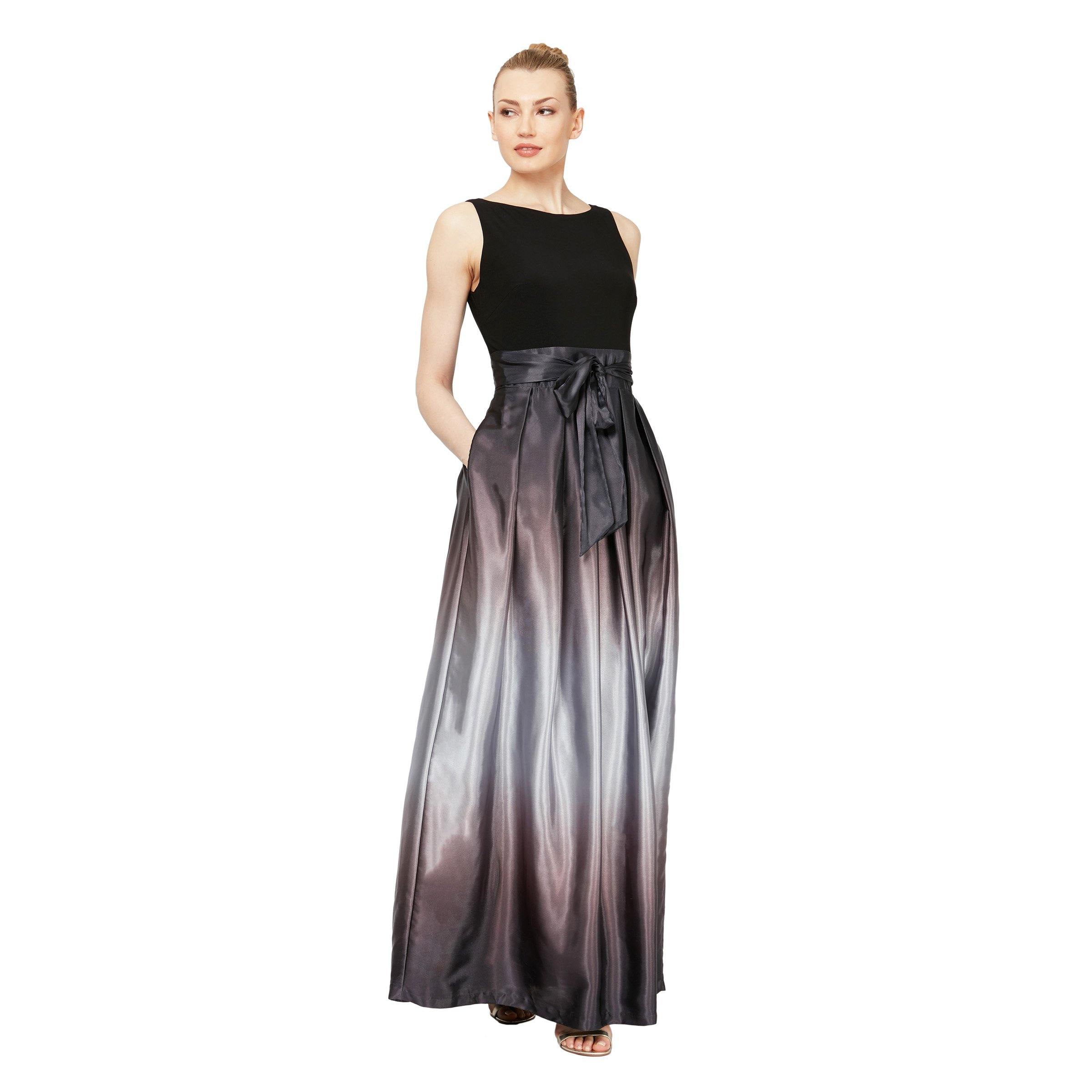 Sl Fashions Ombre Satin Bow Sash Gown - Black Silver - Size 14 Sl Fashions Ombre Satin Bow Sash Gown - Black Silver - Size 14