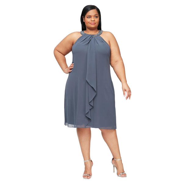 Sl Fashions Plus Size Embellished Halter Draped Sleeveless Shift Dress - Black