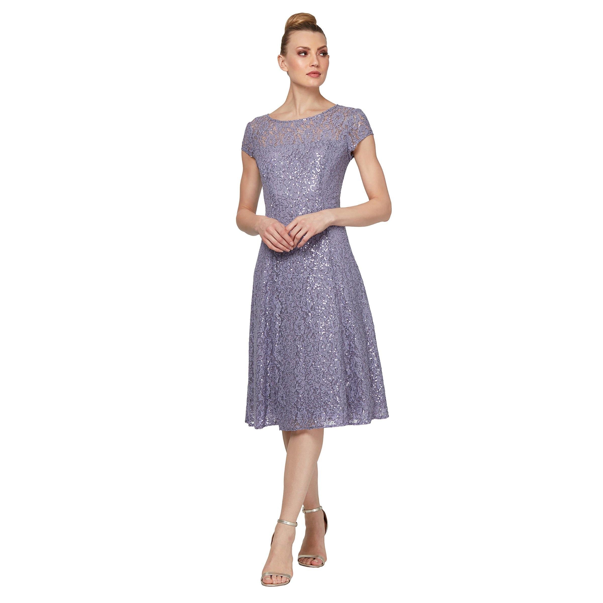 SL Fashions Petite Sequined Lace Cap-Sleeve Dress - Navy
