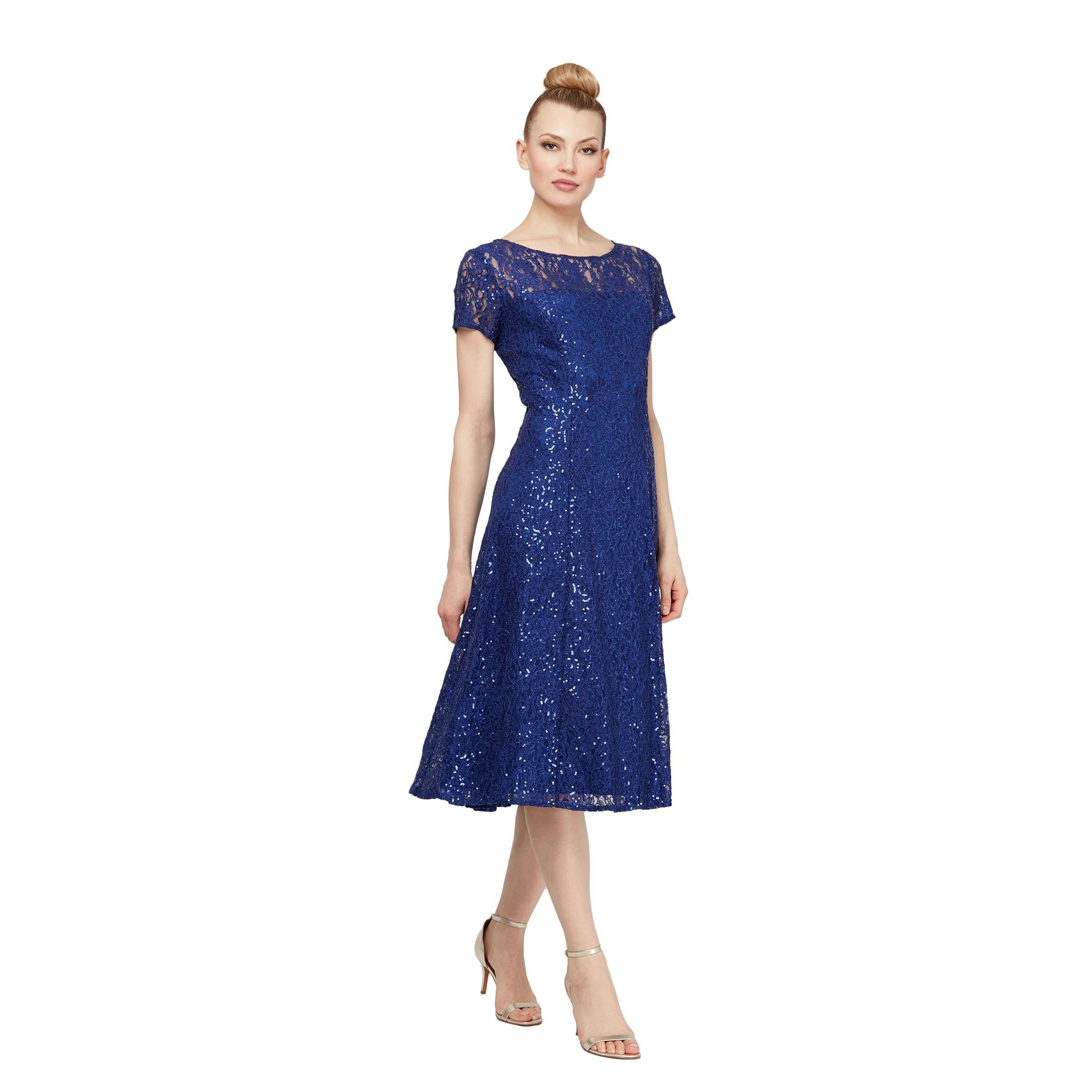 SL Fashions Petite Sequined Lace Cap-Sleeve Dress - Navy - Size 8p SL Fashions Petite Sequined Lace Cap-Sleeve Dress - Navy - Size 8p