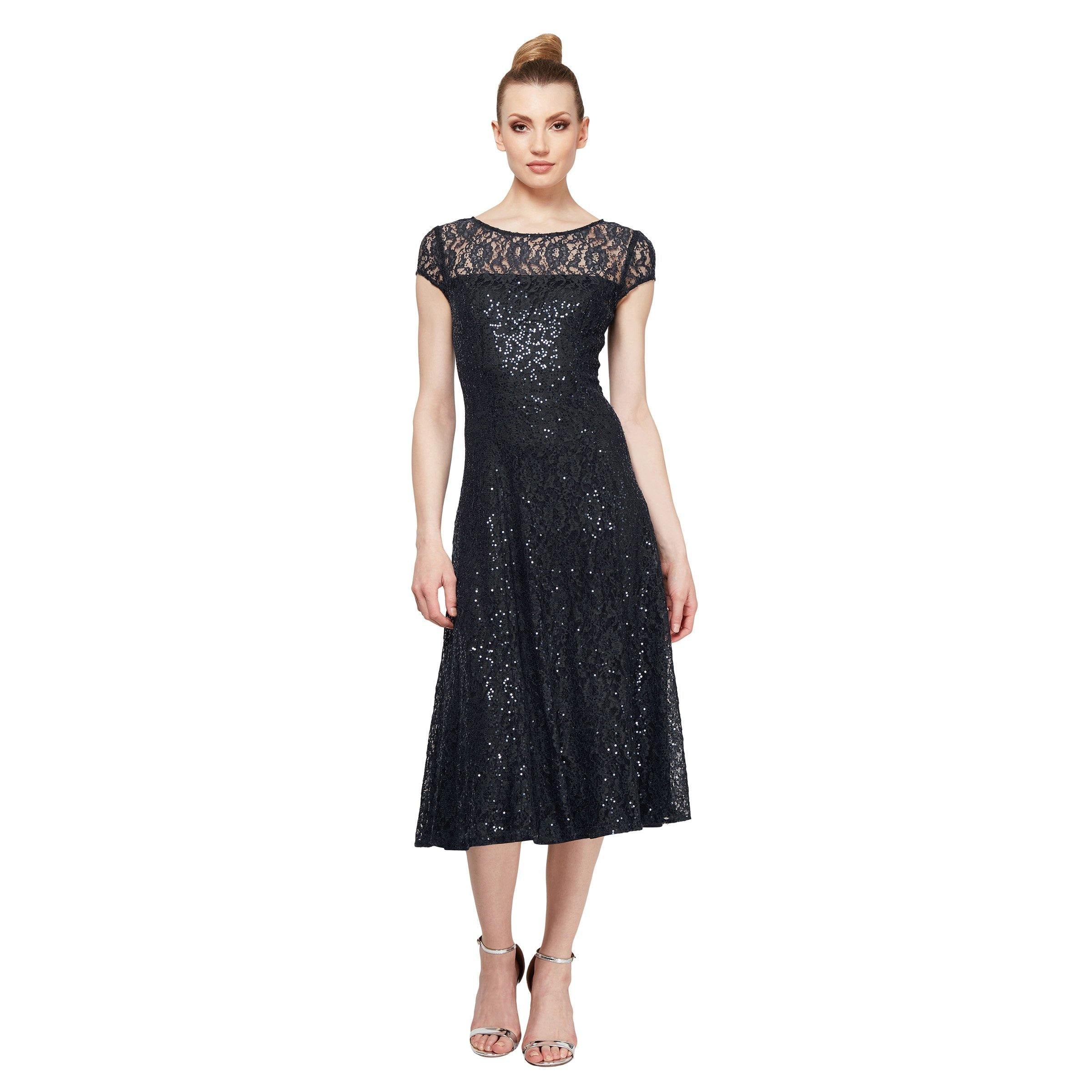 SL Fashions Petite Sequined Lace Cap-Sleeve Dress - Navy