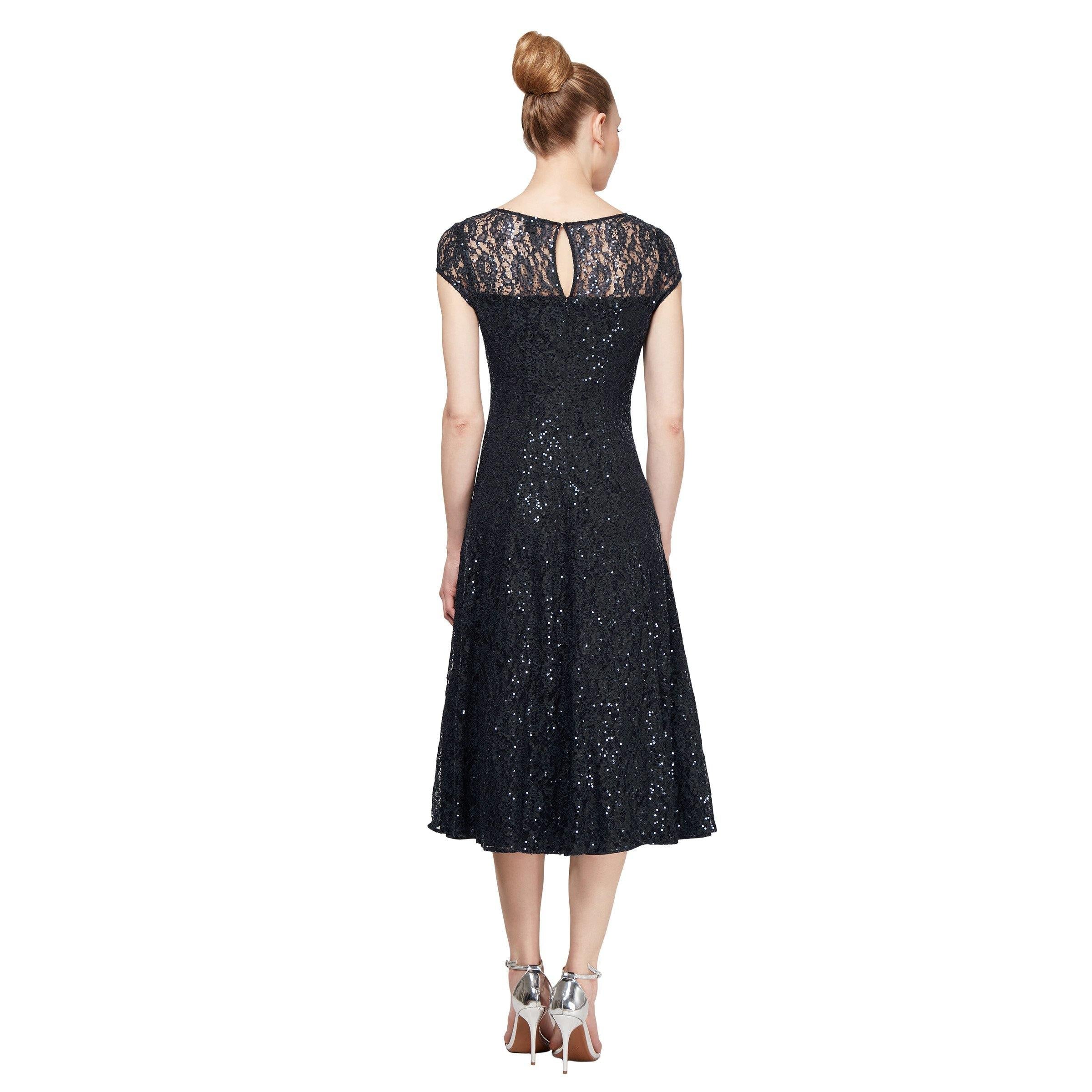 SL Fashions Petite Sequined Lace Cap-Sleeve Dress - Navy