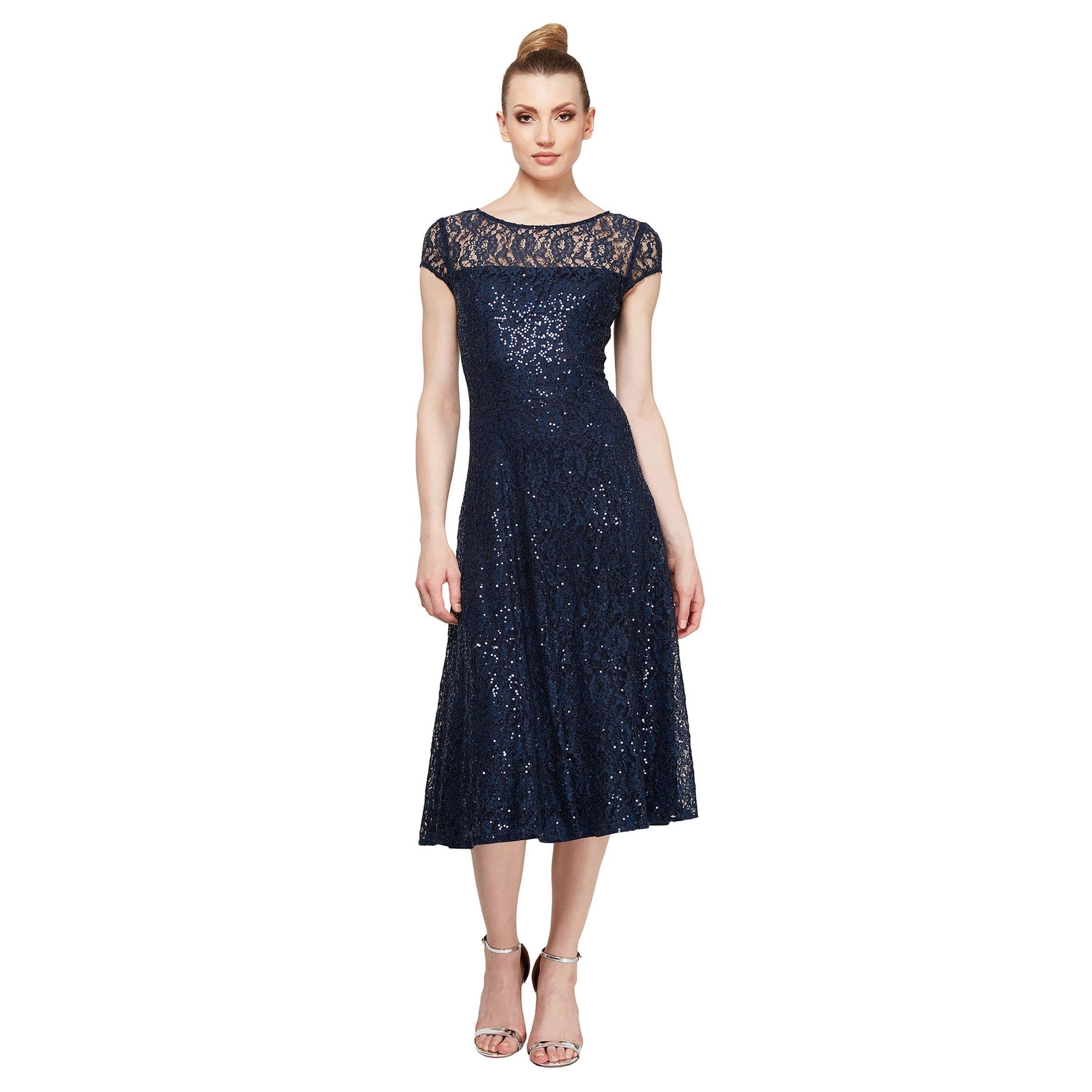 SL Fashions Sequined Lace Midi Dress - Black - Size 8