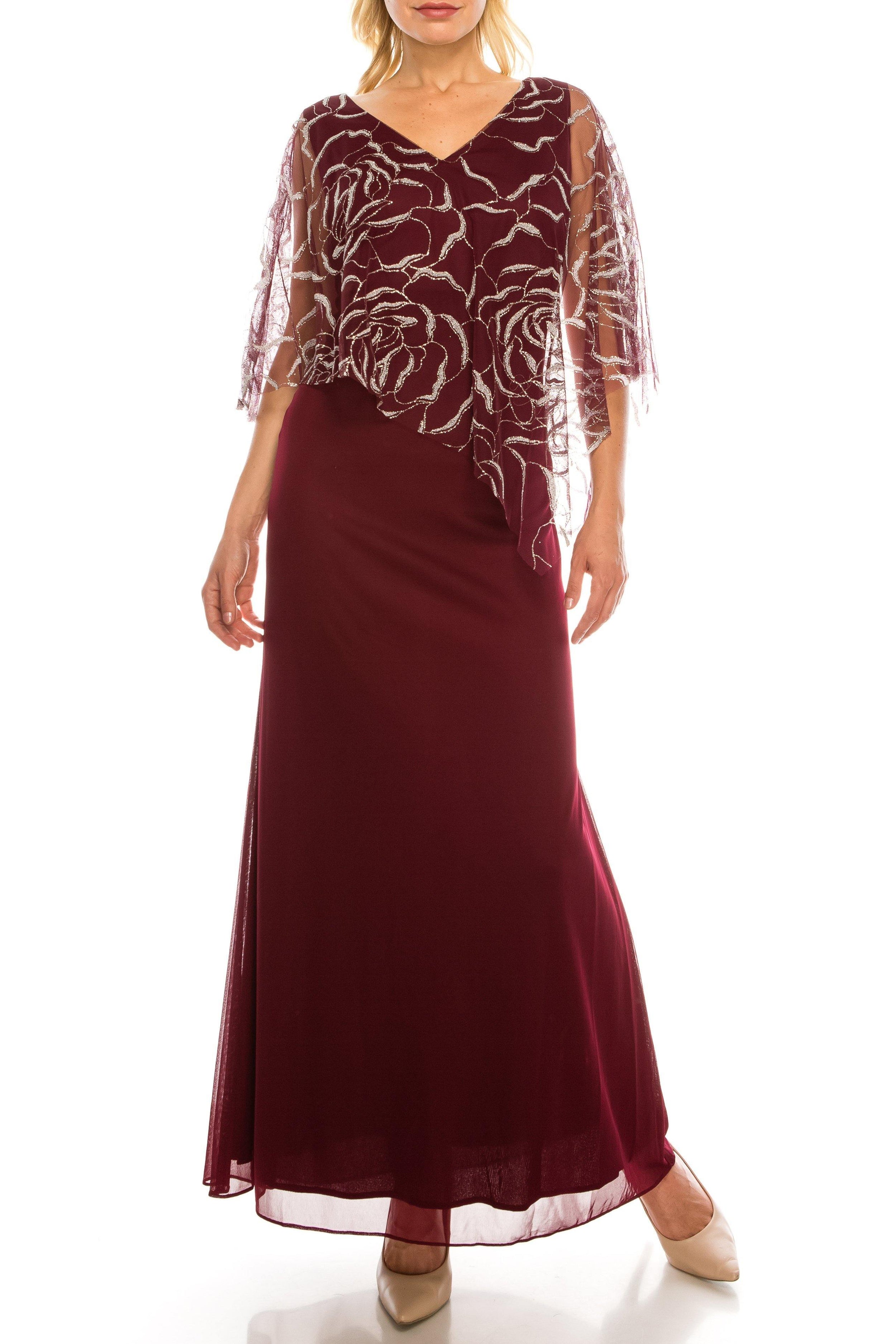 SLNY Wine Long Formal Plus Size Evening Cape Dress - The Dress Outlet