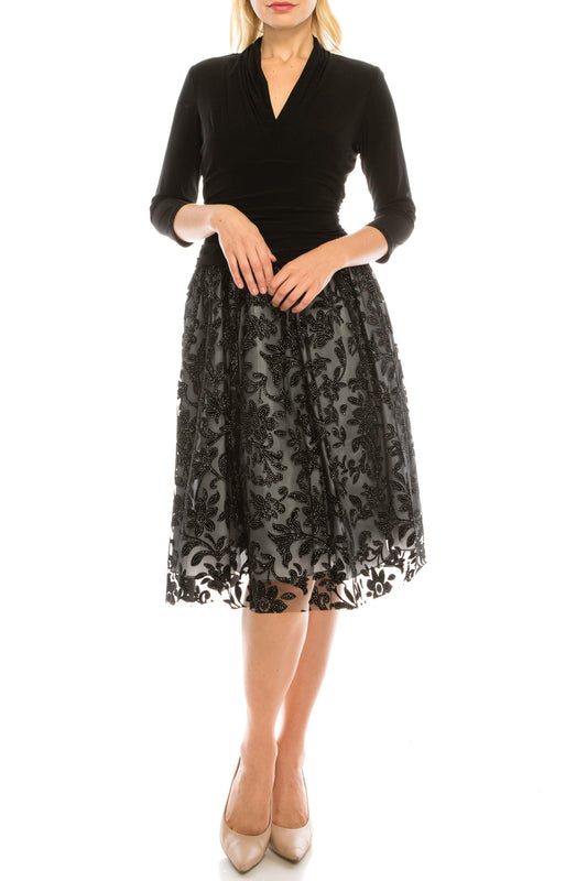 SLNY Short Cocktail Draped Velvet Mesh Dress - The Dress Outlet