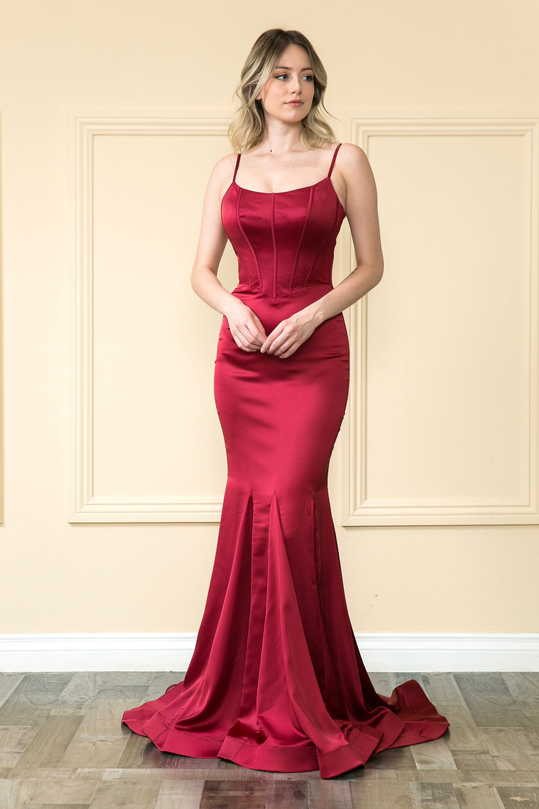 Wine Scoop Neck Floor-Length Charmeuse Prom Gown with Corset Boning Formal Gown Poly USA 9006