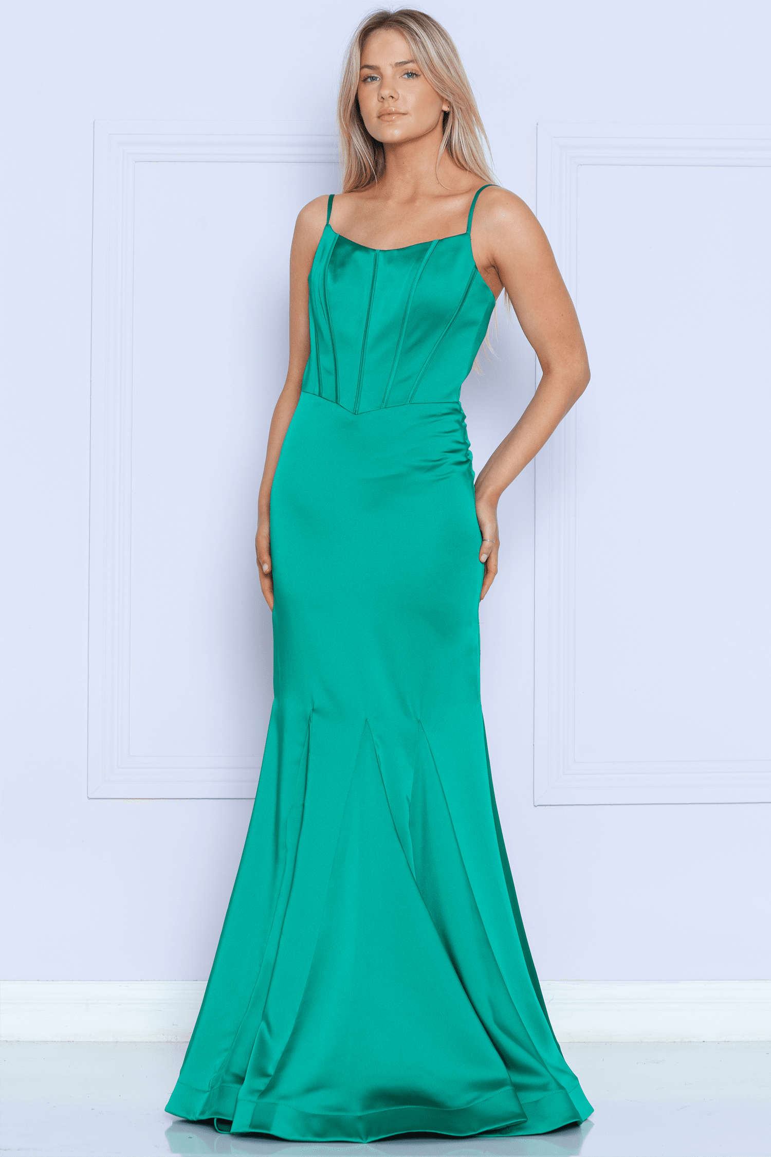 Emerald Scoop Neck Floor-Length Charmeuse Prom Gown with Corset Boning Formal Gown Poly USA 9006