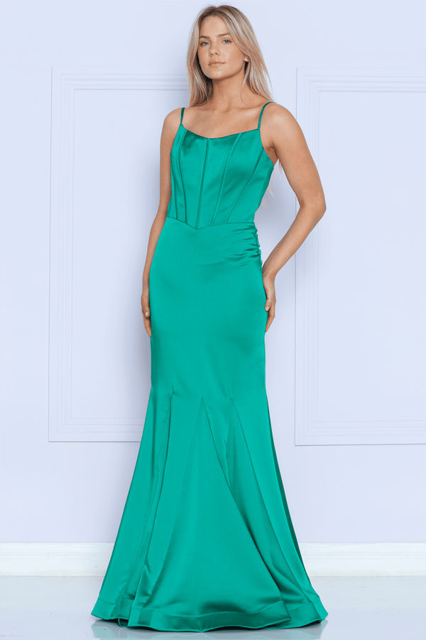 Scoop Neck Floor-Length Charmeuse Prom Gown with Corset Boning Formal Gown Poly USA 9006