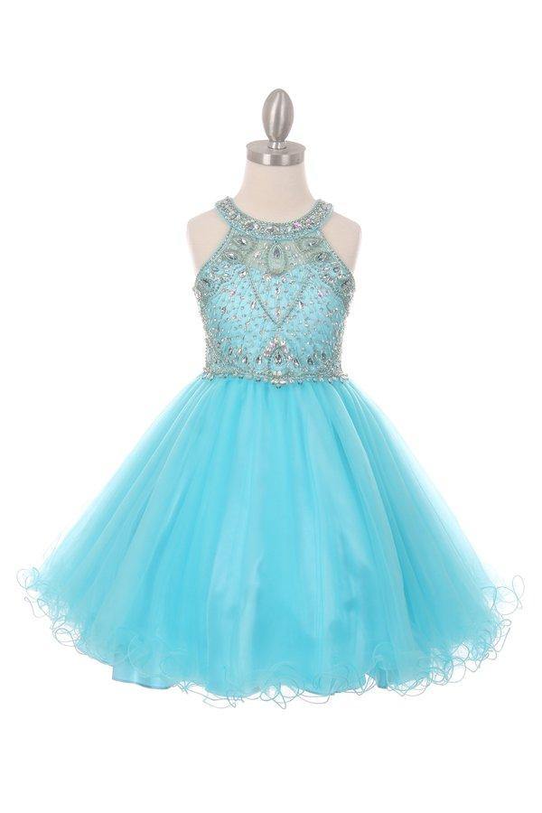 Sleeveless Embellished Short Party Dress Flower Girl - Aqua / 6 Sleeveless Embellished Short Party Dress Flower Girl - Aqua / 6