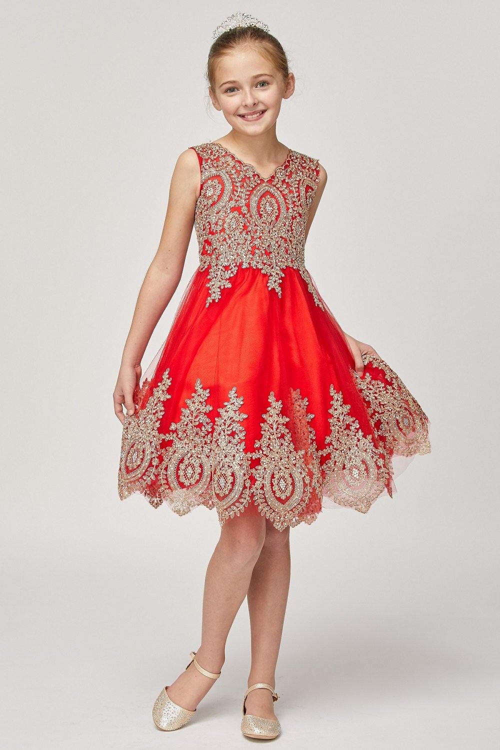 Sleeveless Gold Embellished Short Party Flower Girl Dress - The Dress Outlet Cinderella Couture