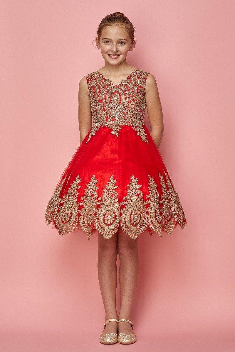 Sleeveless Gold Embellished Short Party Flower Girl Dress - The Dress Outlet
