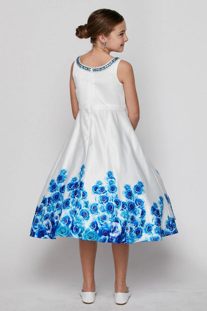 Sleeveless Rose Print Dress with Embellished Neckline Flower Girl - The Dress Outlet Cinderella Couture