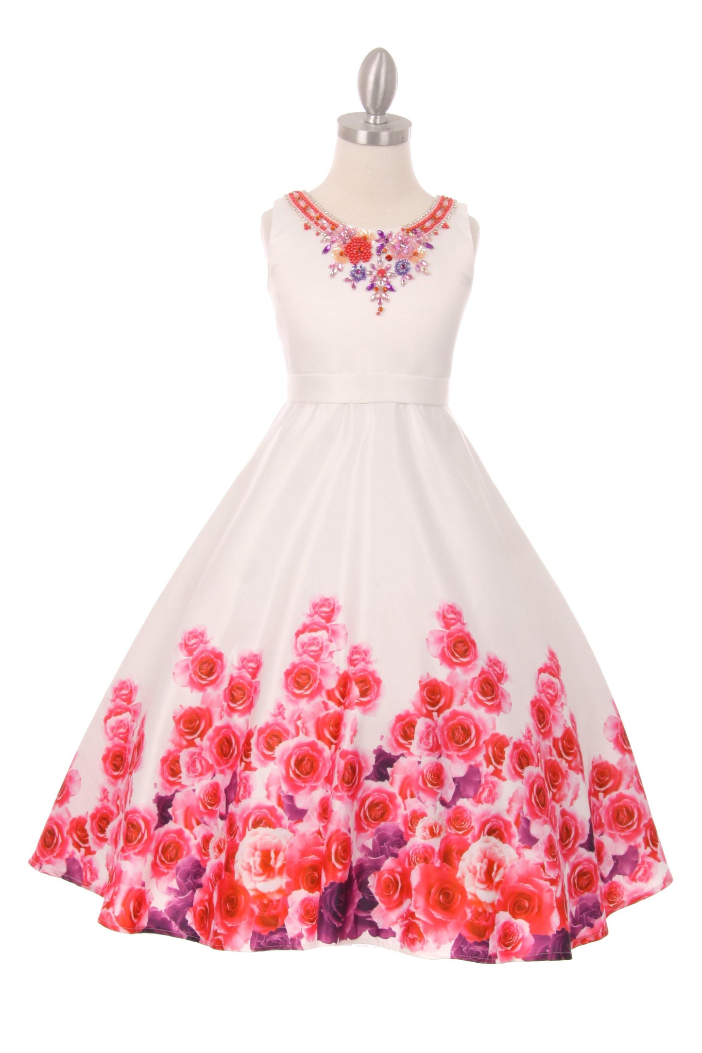 Sleeveless Rose Print Dress with Embellished Neckline Flower Girl - The Dress Outlet Cinderella Couture